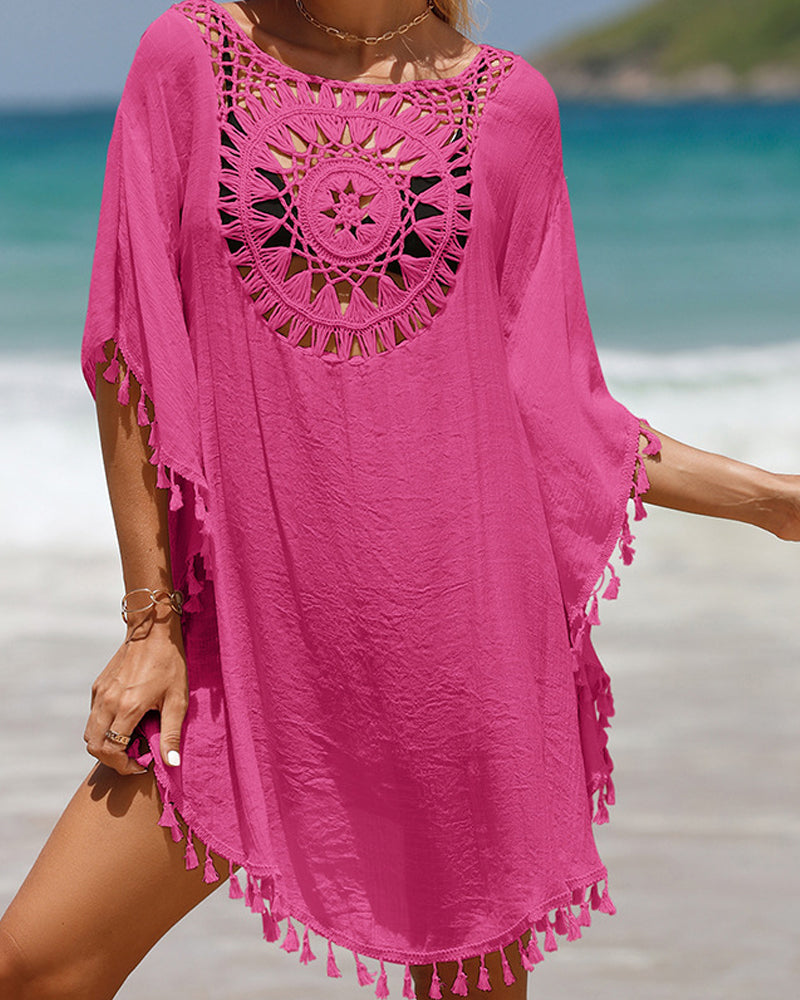 MODEGEIST Damen Strandkleid Cover-Up Häkel-Optik Quasten Weiß