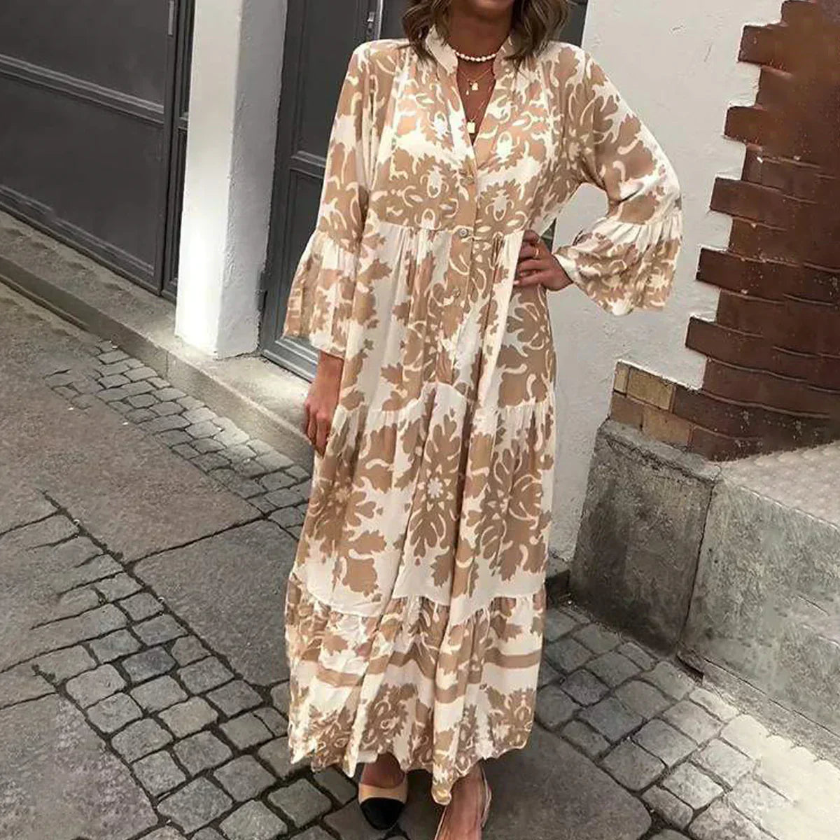 MODEGEIST Damen Boho Maxikleid fließend bedruckt Mehrfarbig