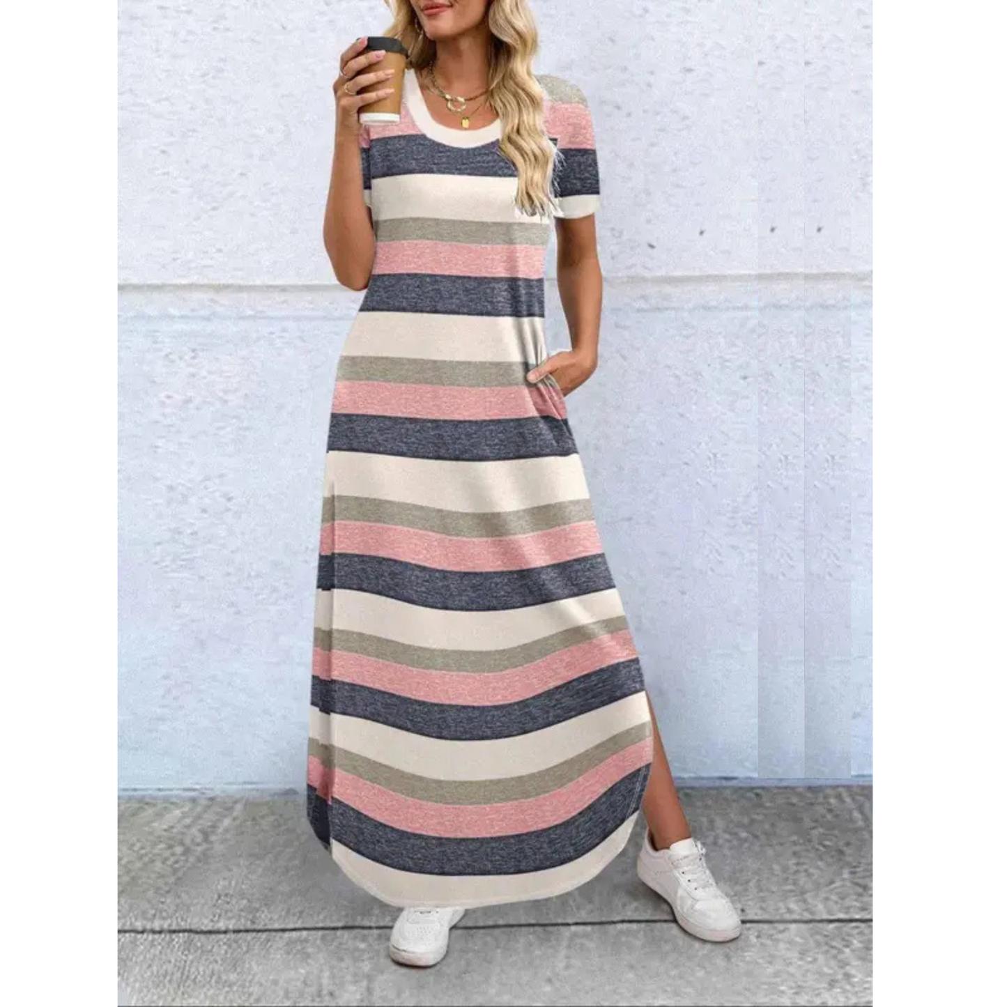 MODEGEIST Damen Maxi-Kleid Rundhals Casual Sommer Leicht