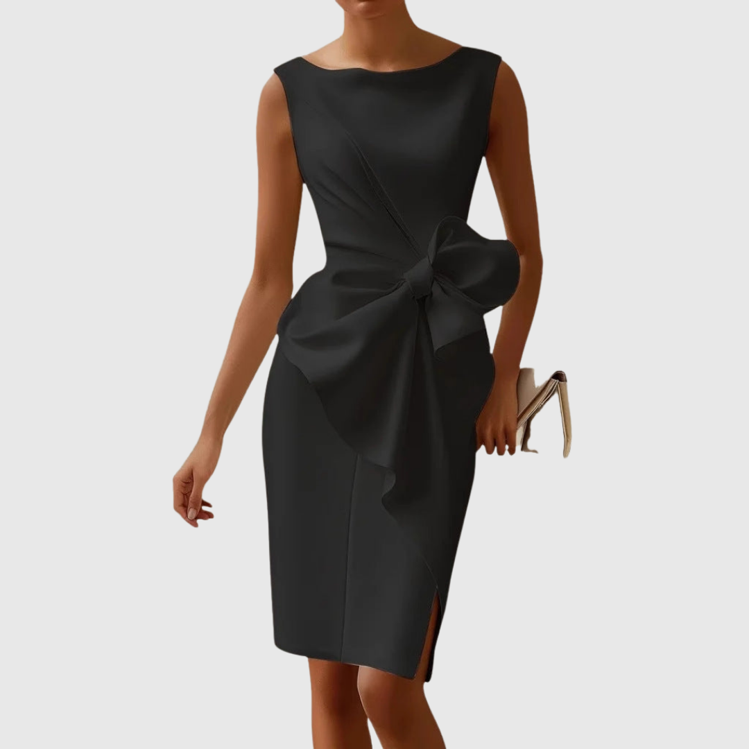 MODEGEIST Damen Midi-Kleid Carmenausschnitt Schleife Schwarz