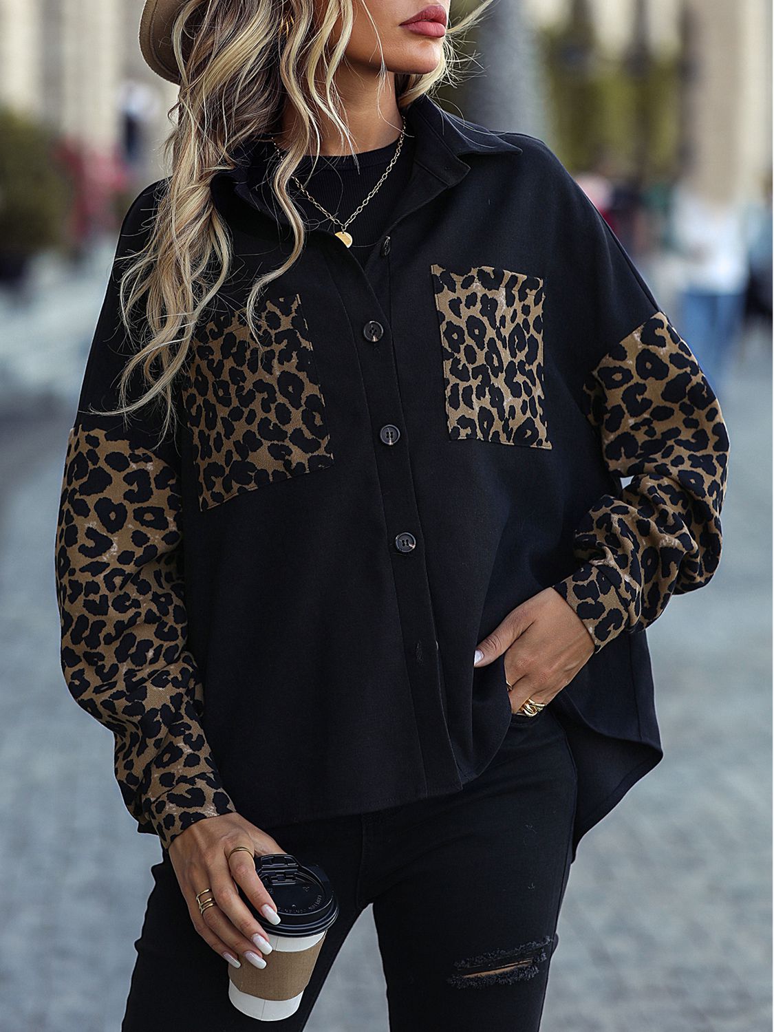 ModeGeist | Leopard Print Knopf-abgesetzte Schulterjacke