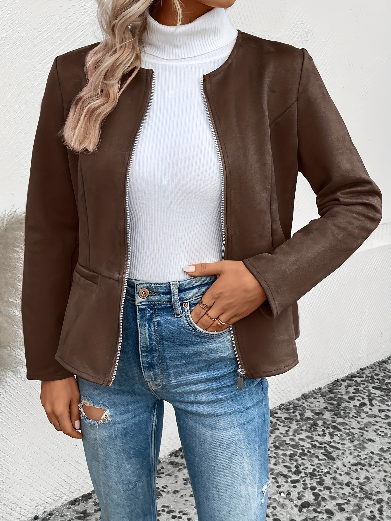 Leymirae Braune Langarm-Reißverschlussjacke