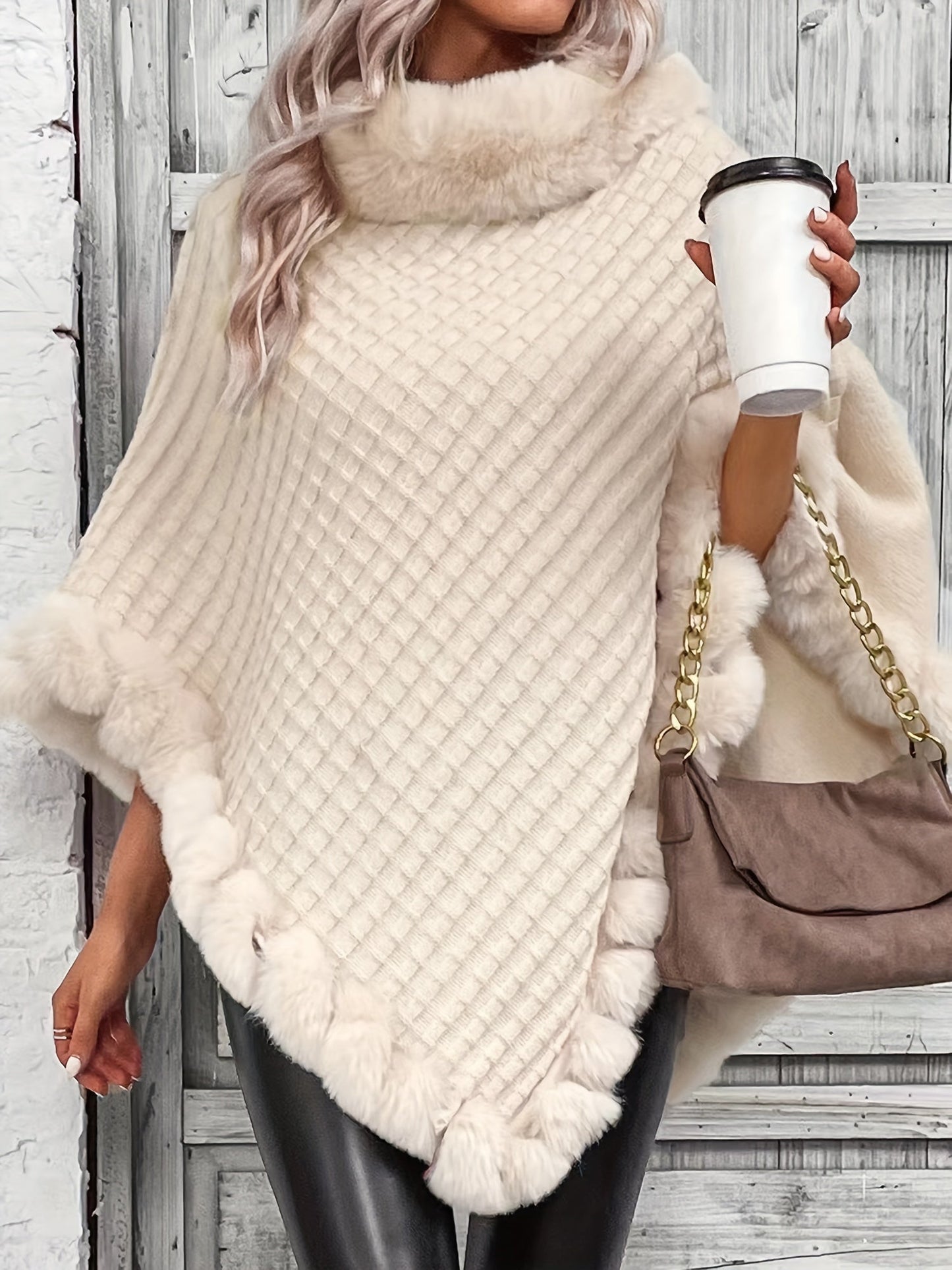 ModeGeist | Eleganter Poncho mit Kunstpelzdetails Akryl Warm und Stilvoll