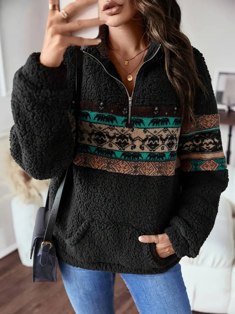 ModeGeist | Sweatshirt mit Viertelreißverschluss Im Aztekenmuster
