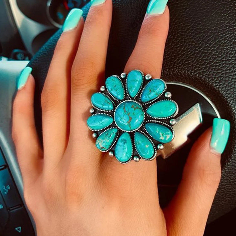 MODEGEIST Damen Blumen-Ring Legierung Türkis-Akzent