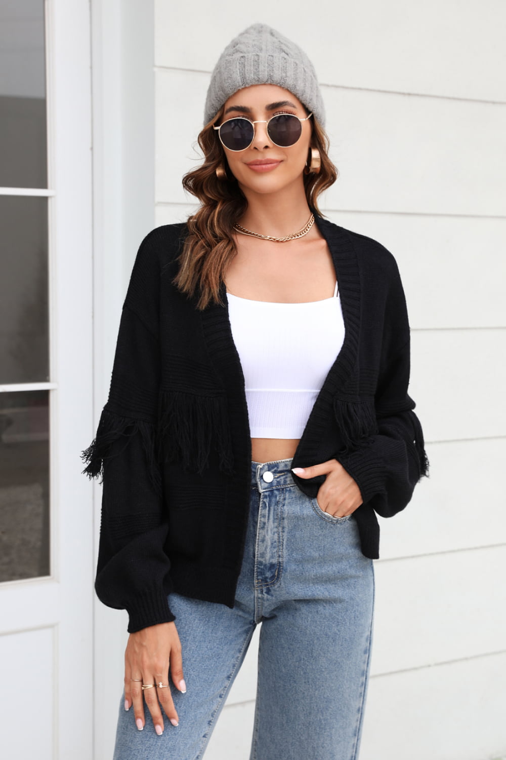 ModeGeist | Fransenbesatz Offene Vorder-Cardigan