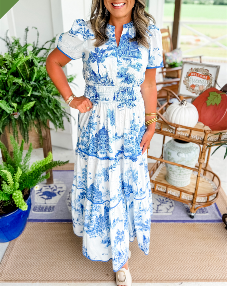 MODEGEIST Damen Maxikleid Toile-Print Smok-Taille Fließend Grün