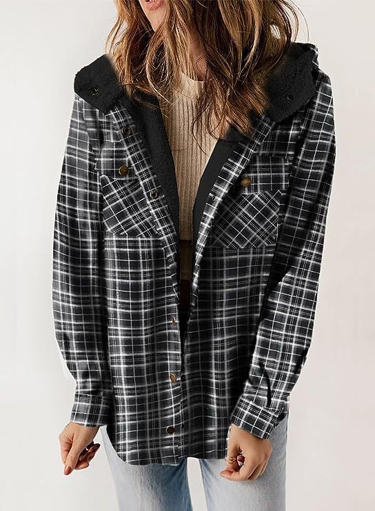 ModeGeist | Plaid Jacke Langarm Schnalle Wolle mit Kapuze