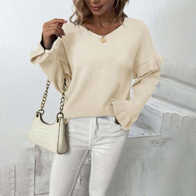 ModeGeist | V-ausschnitt Pullover mit Rüschendetails Baumwolle Weiches und Elegantes Design