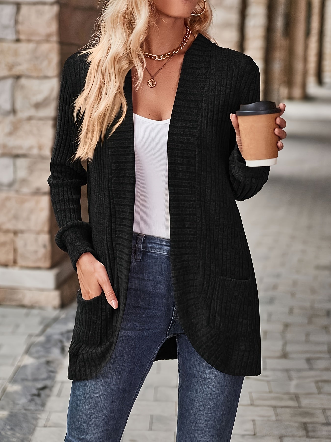 ModeGeist | Damen Freizeit Strickfleeceweste Mit Langen Ärmeln
