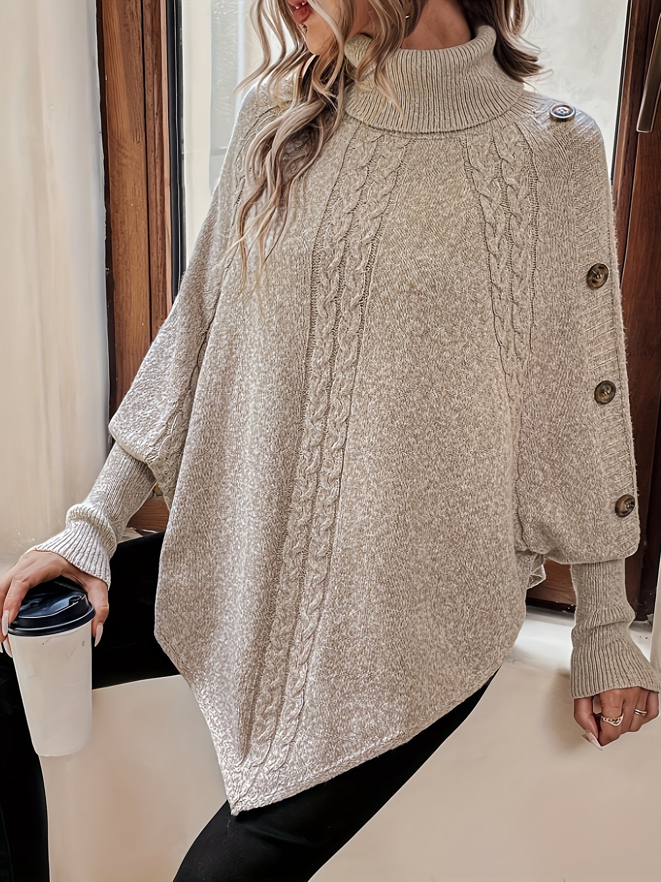 ModeGeist | Poncho Sweater mit Knöpfen Acryl Elegant und Komfortabel