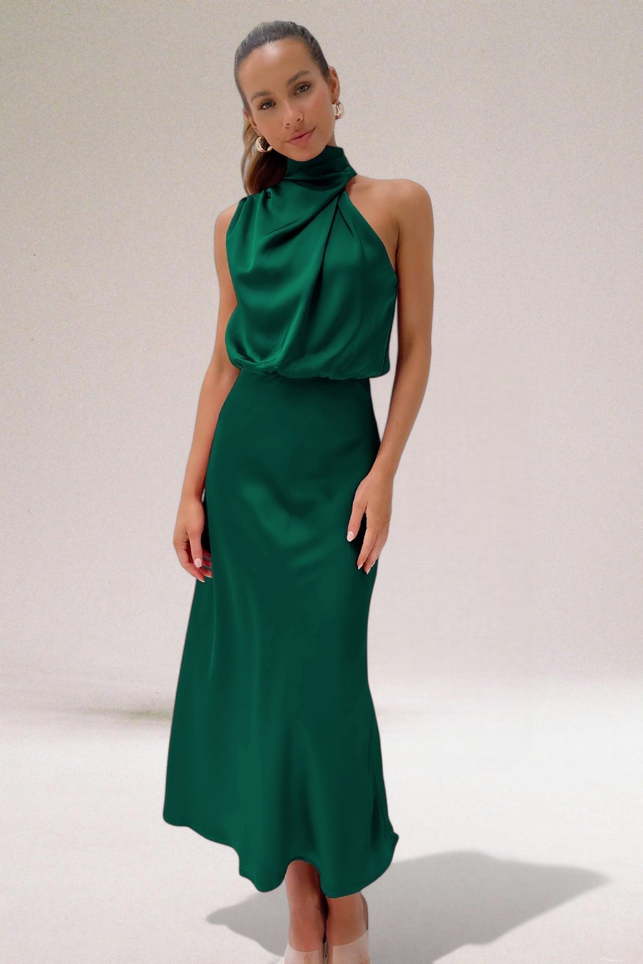 MODEGEIST Damen Neckholder Kleid Fließend Glänzend Elegant Abendkleid