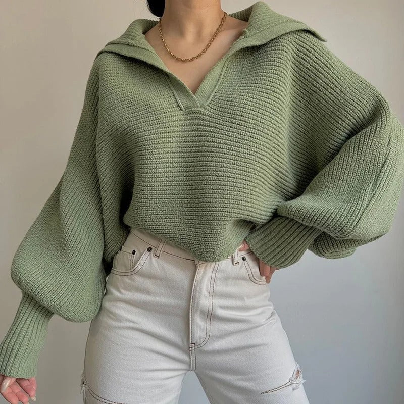 ModeGeist | Strickpullover mit Laternenärmeln und offenem Kragen