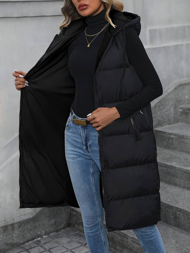 ModeGeist | Damen Lange Weste Mit Kapuze Und Reißverschluss