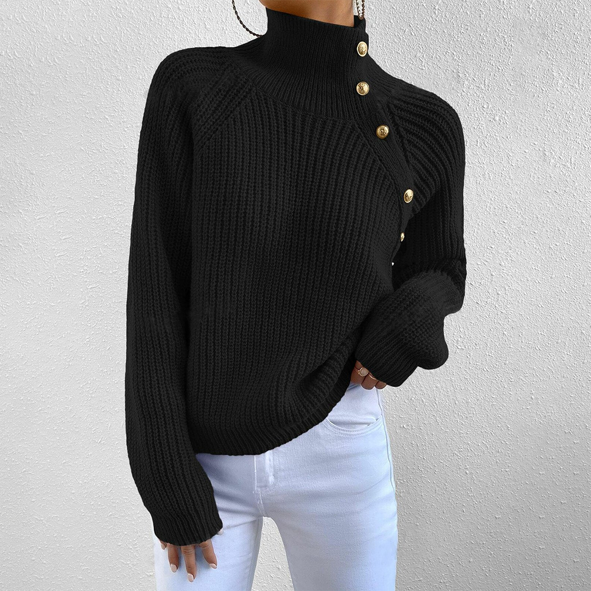 ModeGeist | Strickpullover mit Hohem Kragen und Knopfdetails Wollmischung Elegant und Warm