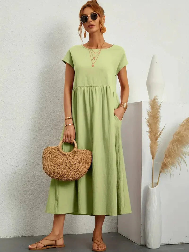 MODEGEIST Damen Sommerkleid A-Linie Kurzarm Leicht Beige