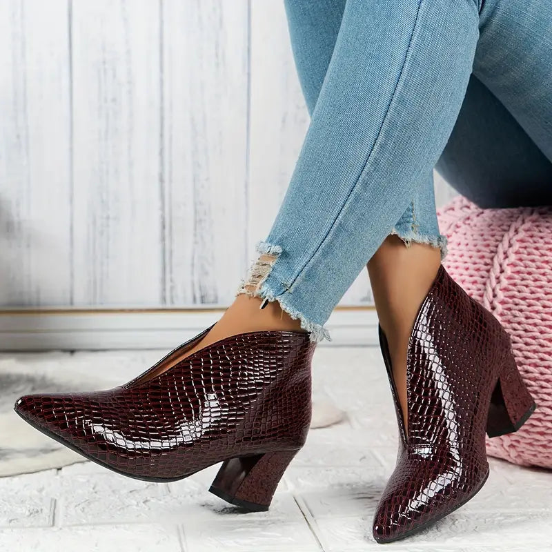 MODEGEIST Damen Ankle-Boots Leder strukturiert Blockabsatz Schwarz