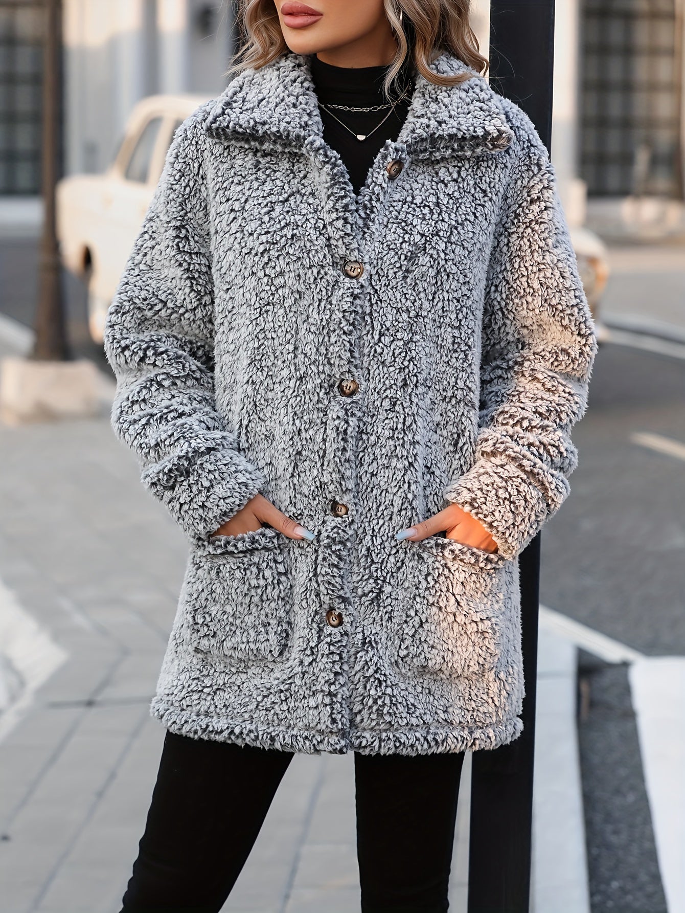 ModeGeist | Lange Teddyjacke mit Knöpfen Polyester Komfortabel und Warm