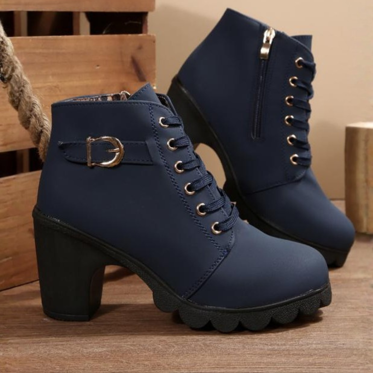 MODEGEIST Damen Stiefeletten Chunky Schnürung Robuste Sohle