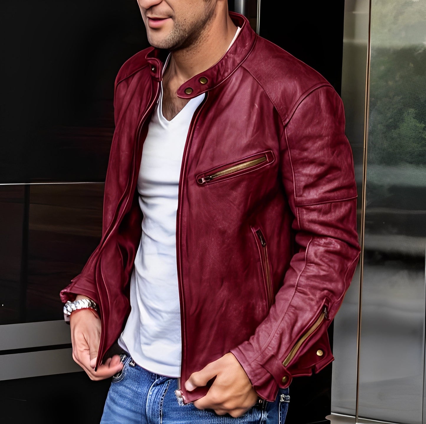 ModeGeist | Klassische Lederjacke mit Reißverschlusstaschen für Männer
