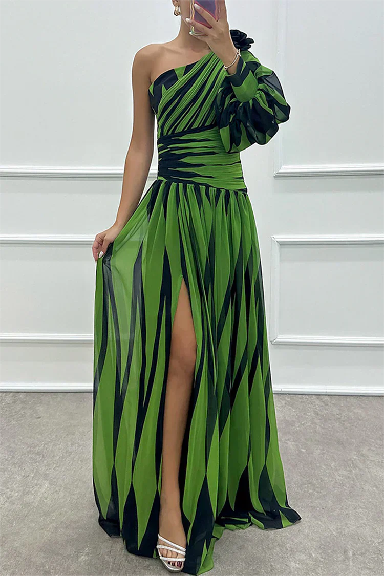 MODEGEIST Damen Maxi-Kleid One-Shoulder Asymmetrisch Streifen