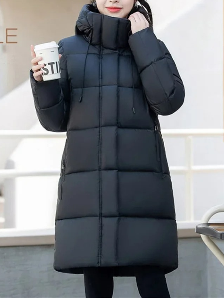 ModeGeist | Stylische Khakifarbene Pufferjacke mit Kapuze und Reißverschluss