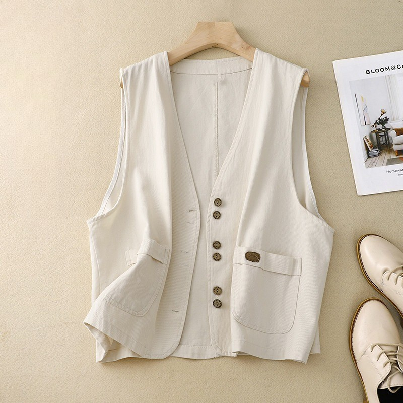 MODEGEIST Damen Weste Knopfleiste Relaxed Fit Beige