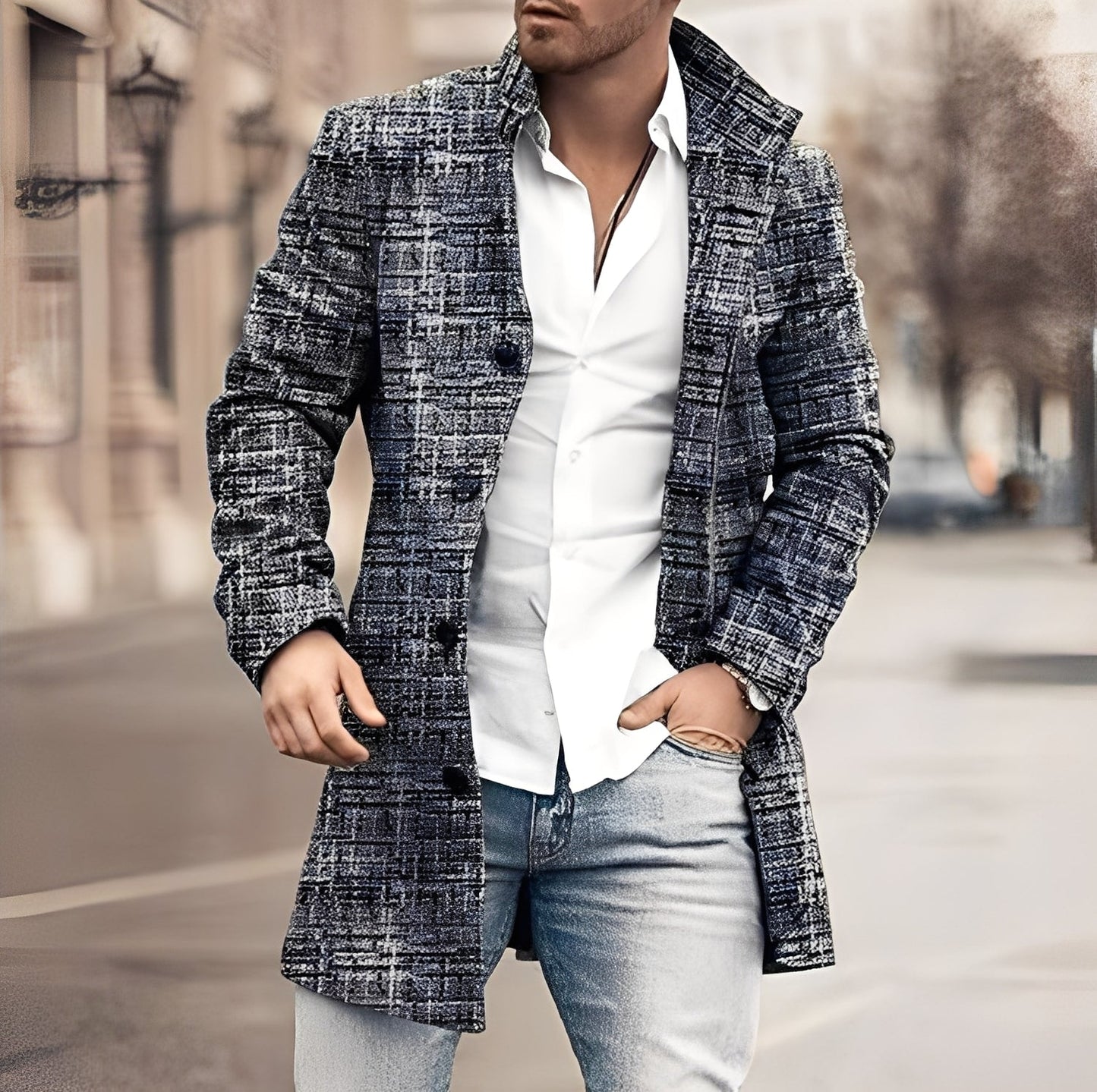 ModeGeist | Lässiger Langer Tweed-Mantel für Herren