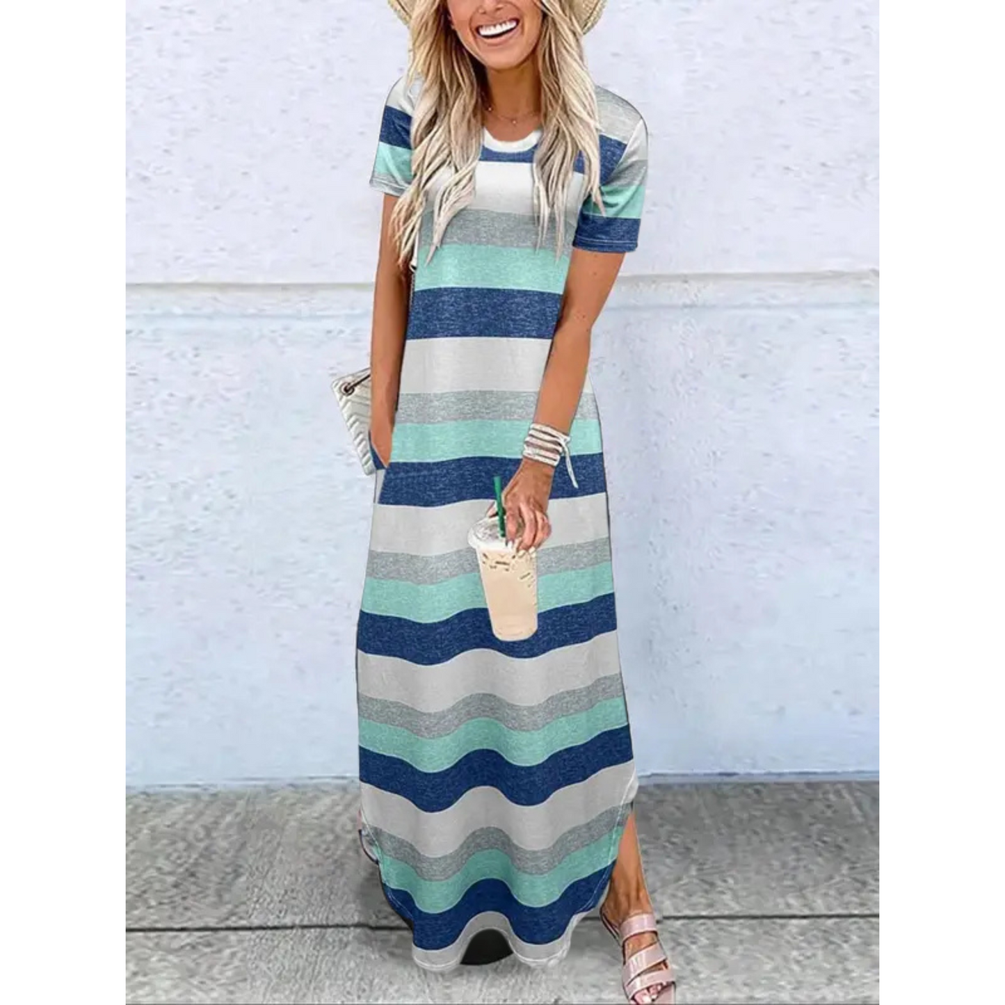 MODEGEIST Damen Maxi-Kleid Rundhals Casual Sommer Leicht