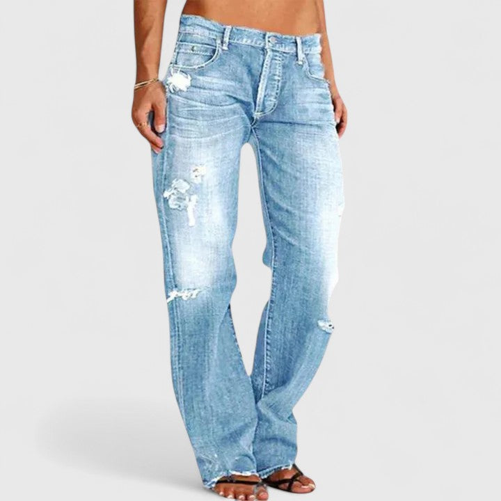 MODEGEIST Damen Straight Jeans Used-Look Low-Rise Hellblau Distressed