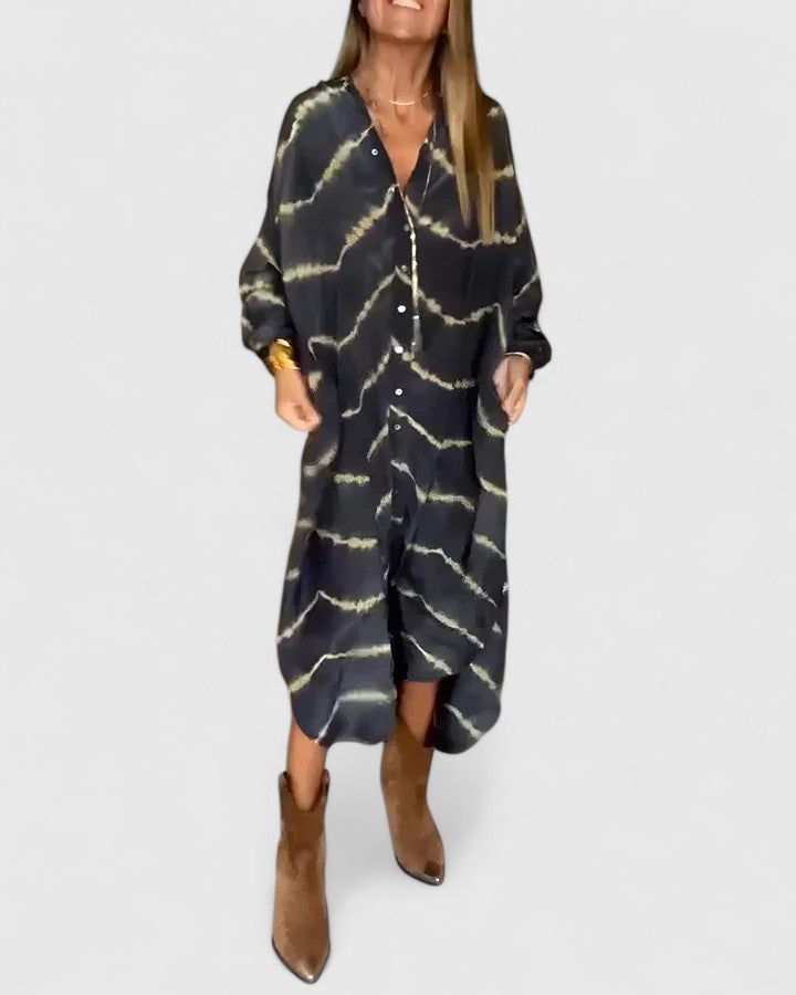 MODEGEIST Damen Midi-Hemdkleid Tie-Dye Muster Anthrazit Gold