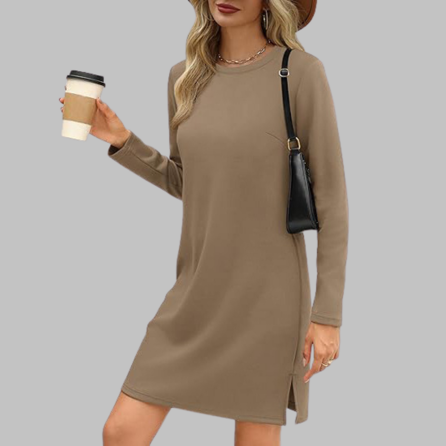 MODEGEIST Damen Langarmkleid Rundhals Relaxed Fit Alltagskleid