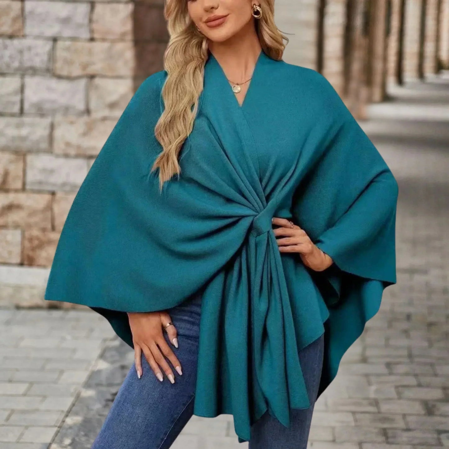 MODEGEIST Damen Poncho Leicht Draped Knoten-Design Oversized