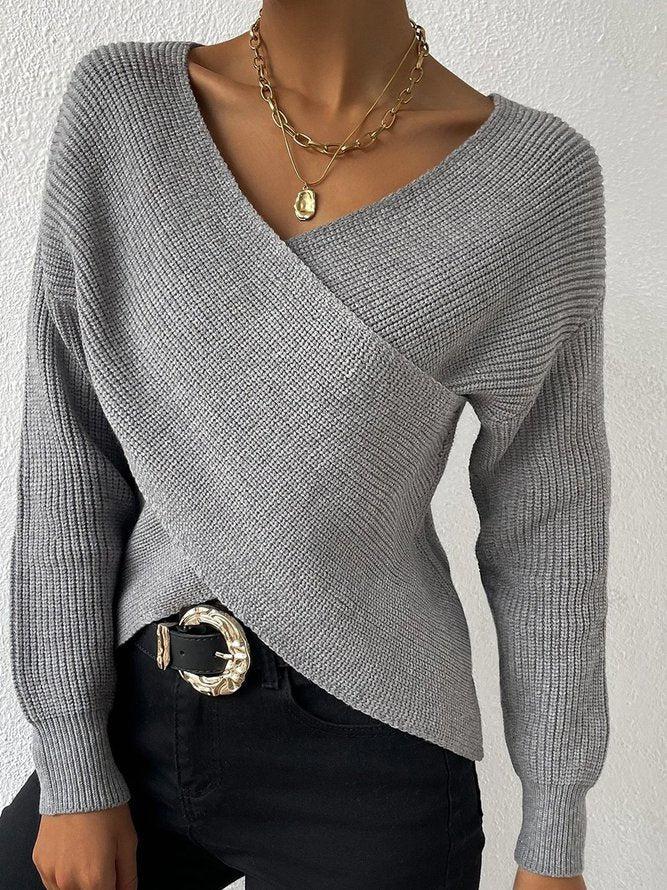 ModeGeist | Strickbluse mit Umschlag V-ausschnitt Elegant und Einfach