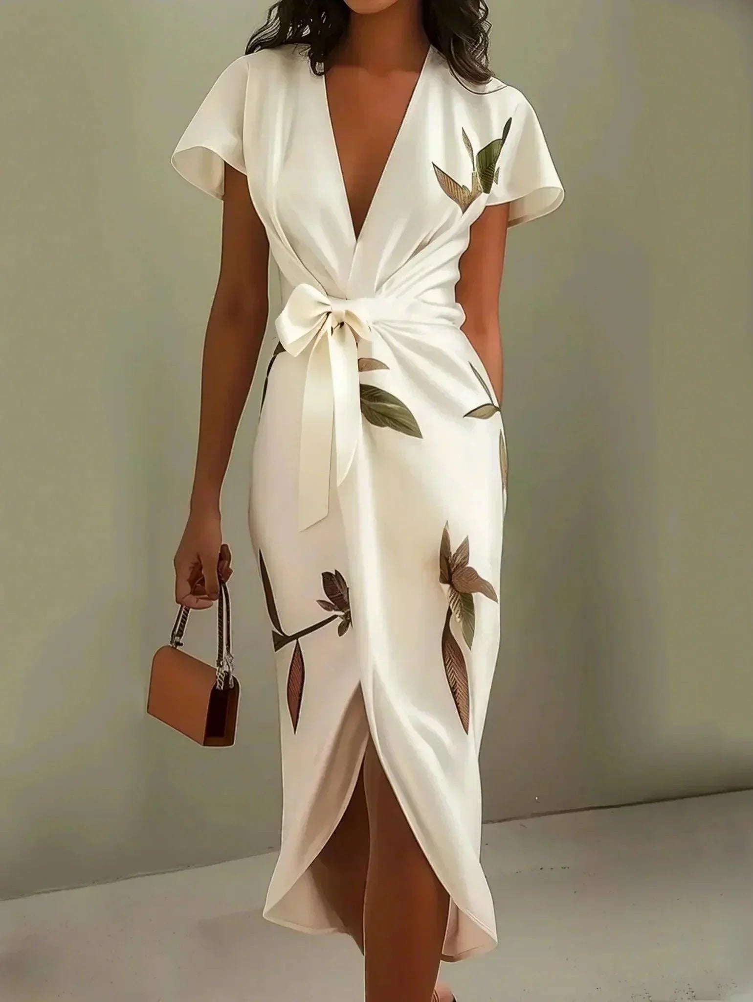 MODEGEIST Damen Wickel-Kleid Blätterdruck Midi