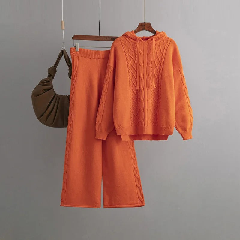 Fudus Langarm-Strickpullover mit weiten Hosen – Zweiteiliger Satz