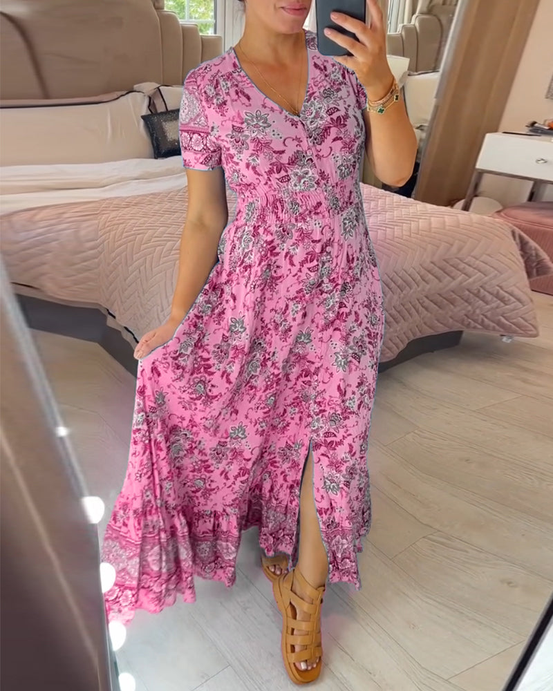 TESSA: Langes gemustertes Kleid mit Knopfleiste