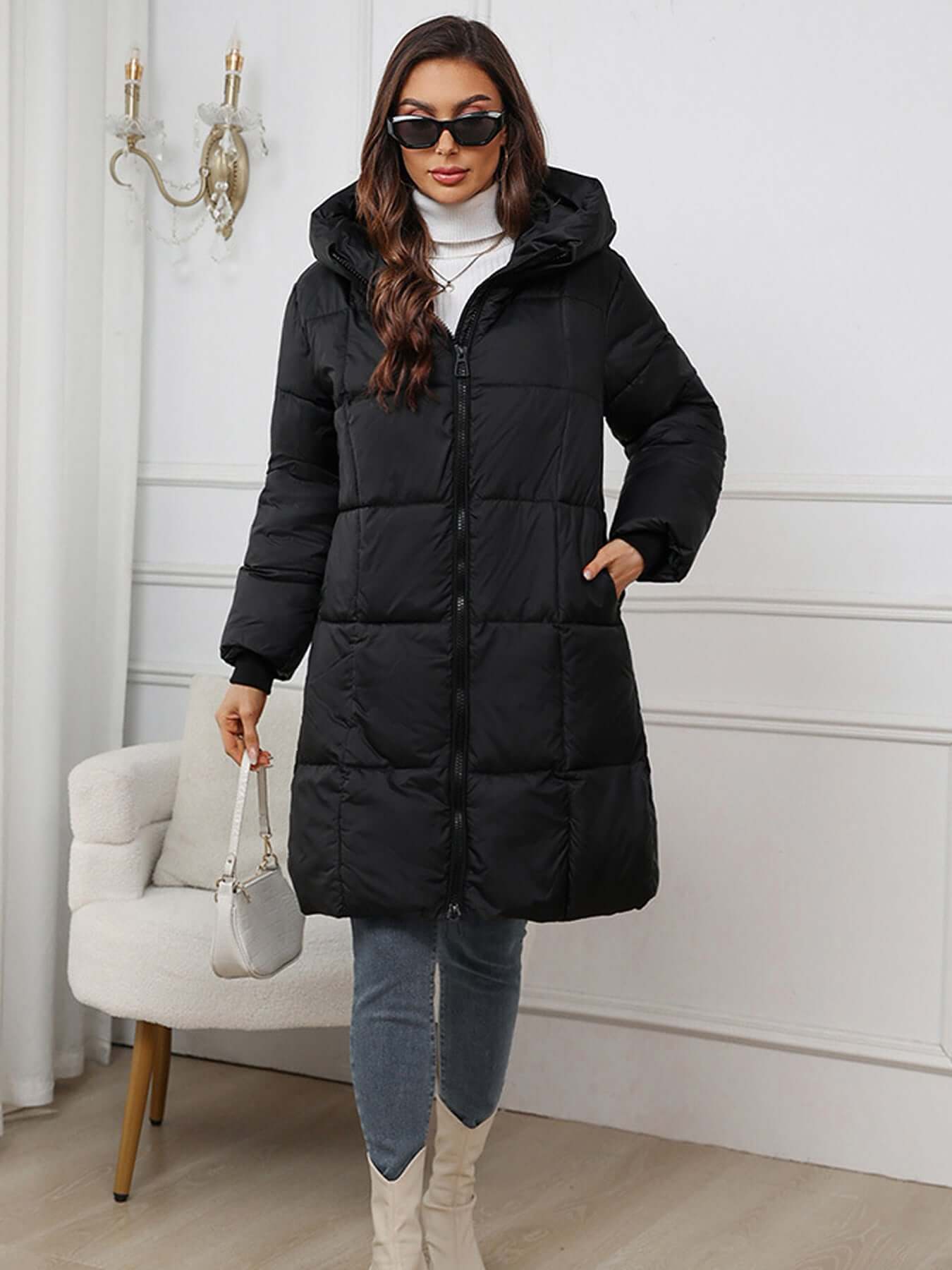 ModeGeist | Frauen Lange Kapuzen-Winter-Pufferjacke