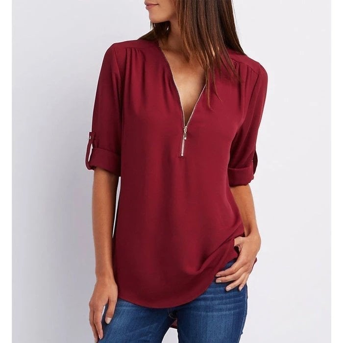 MODEGEIST Damen Bluse V-Ausschnitt Reißverschluss rosa Kurzarm
