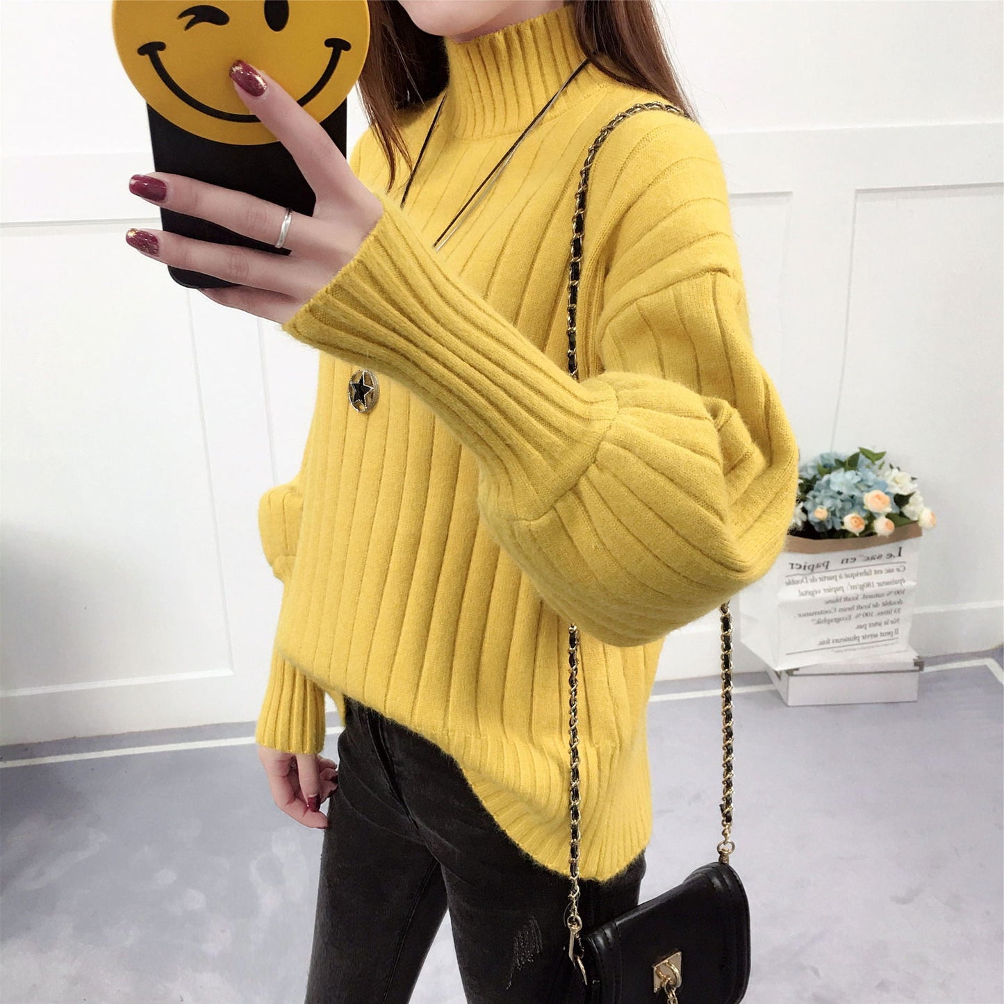 Damen Strickpullover mit hohem Kragen und lässigem Schnitt ModeGeist
