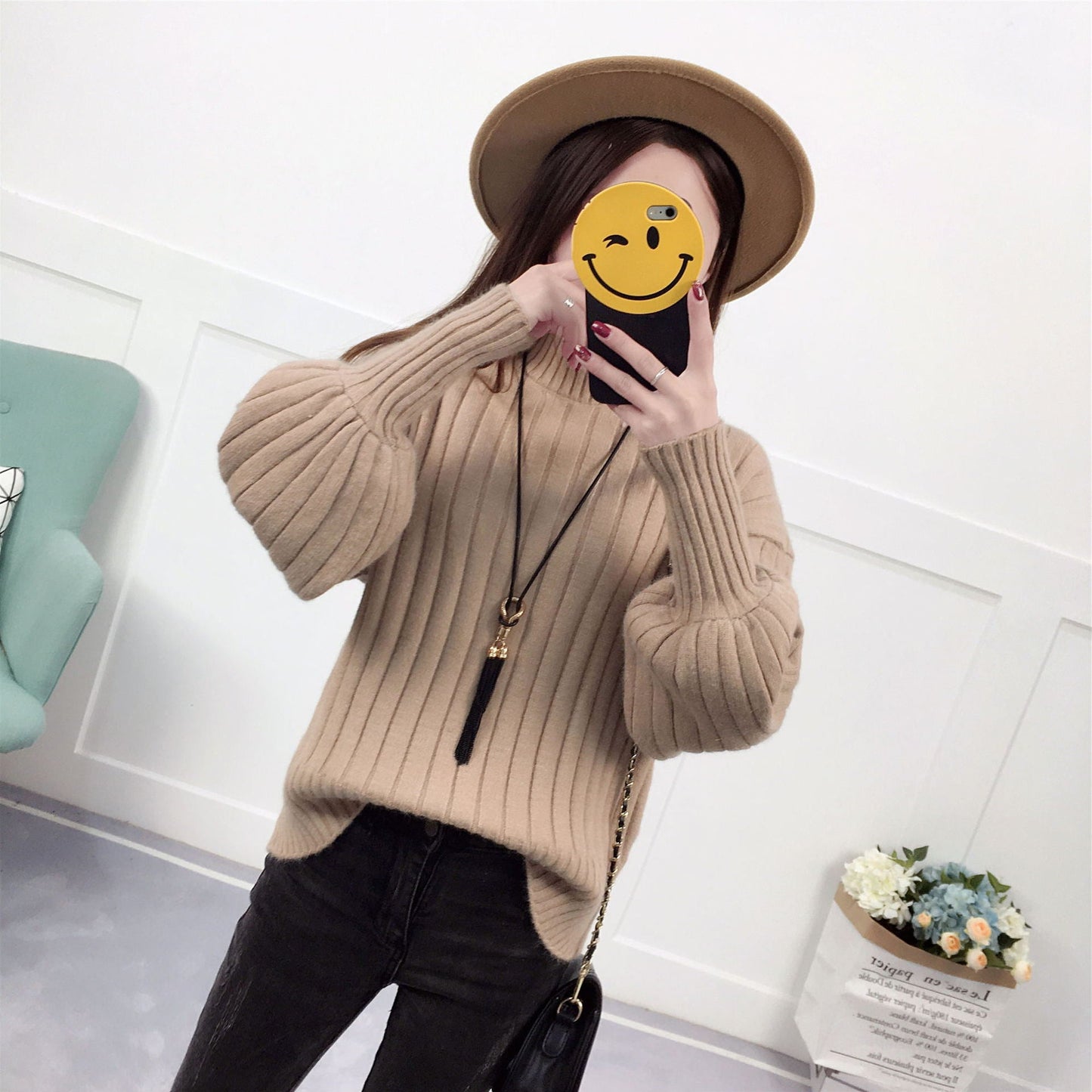 Damen Strickpullover mit hohem Kragen und lässigem Schnitt ModeGeist