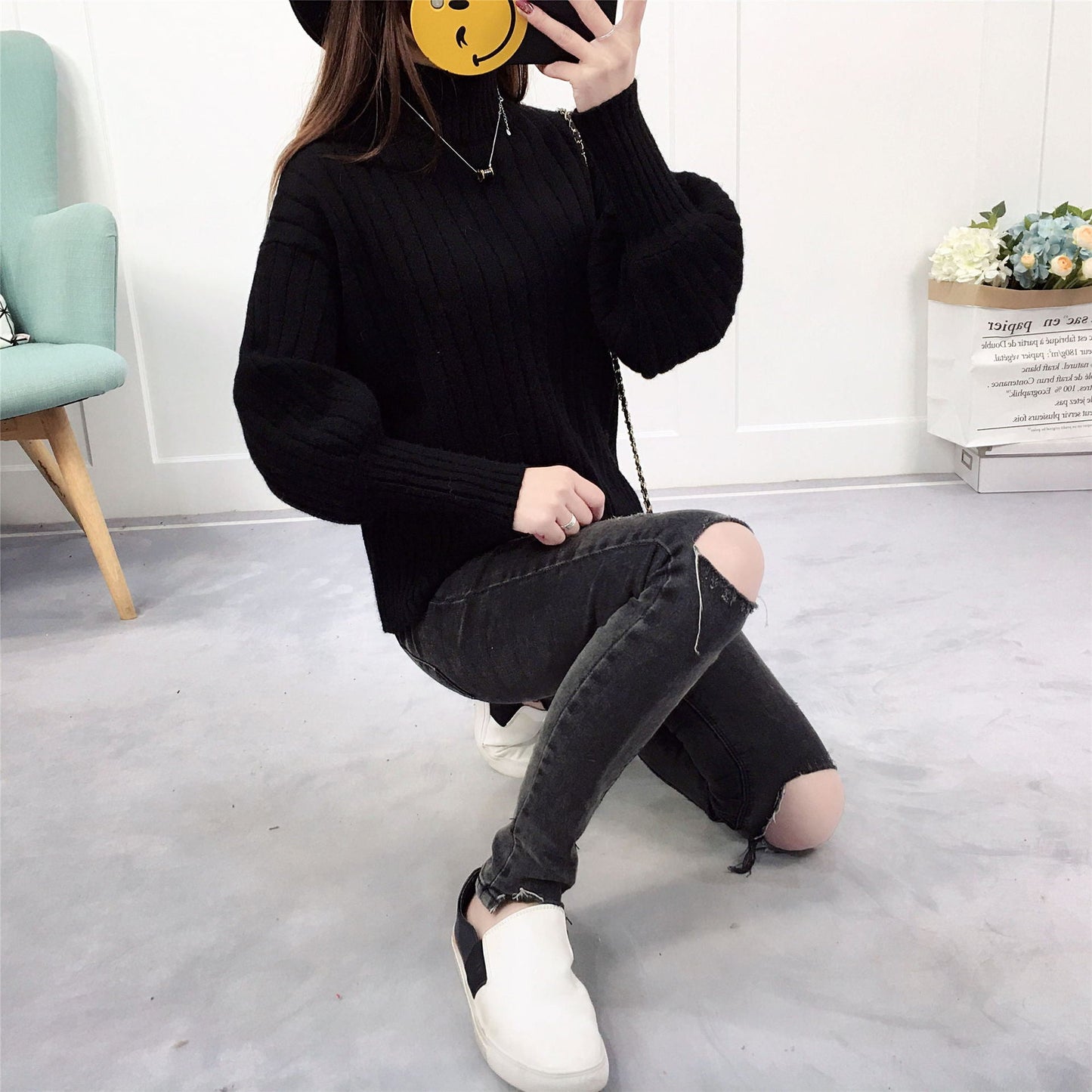 Damen Strickpullover mit hohem Kragen und lässigem Schnitt ModeGeist