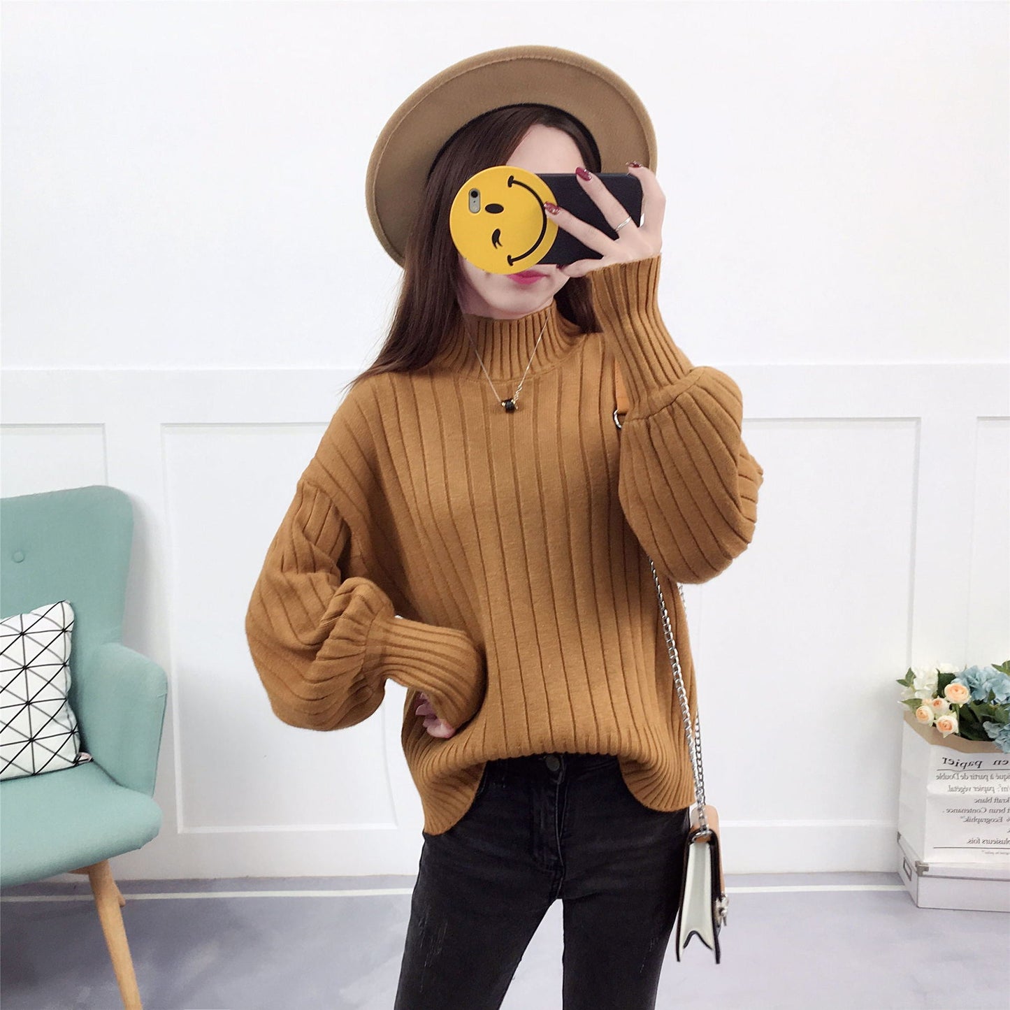 Damen Strickpullover mit hohem Kragen und lässigem Schnitt ModeGeist