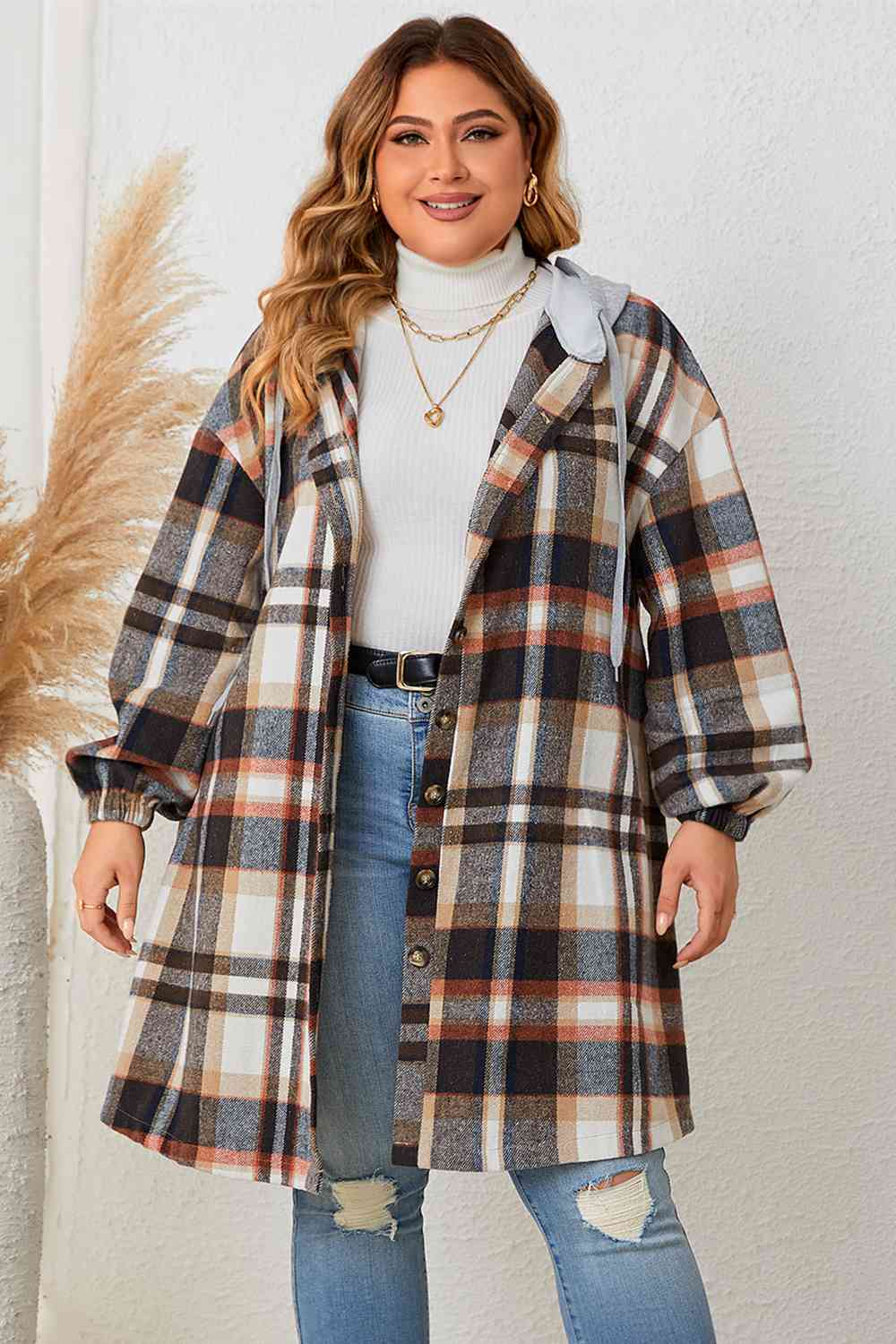 ModeGeist | Plus Size Karo Drop-Shoulder Kapuzenmantel
