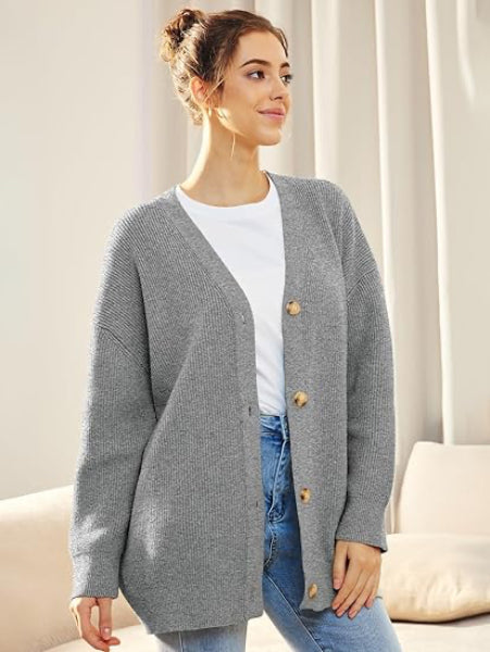 ModeGeist | Cardigan - Damen Herbst Oversized V-Ausschnitt Knopf Cardigan