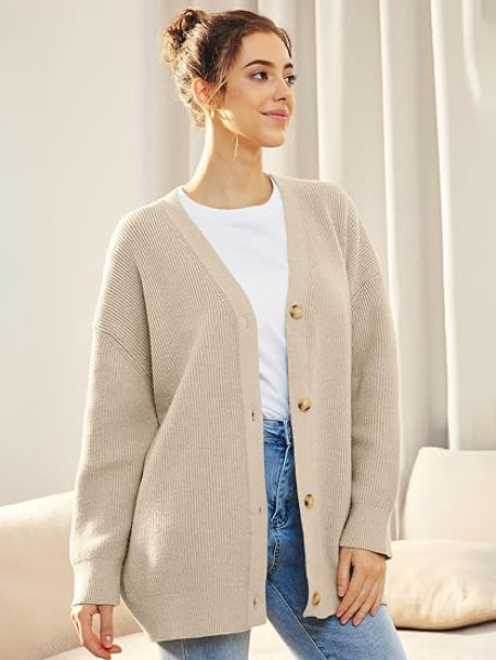 ModeGeist | Cardigan - Damen Herbst Oversized V-Ausschnitt Knopf Cardigan