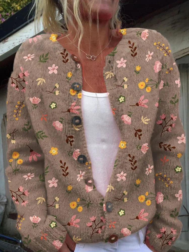 ModeGeist | Knopflose Strickjacke mit Blumenmuster Strick Elegant und Komfortabel
