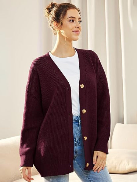 ModeGeist | Cardigan - Damen Herbst Oversized V-Ausschnitt Knopf Cardigan