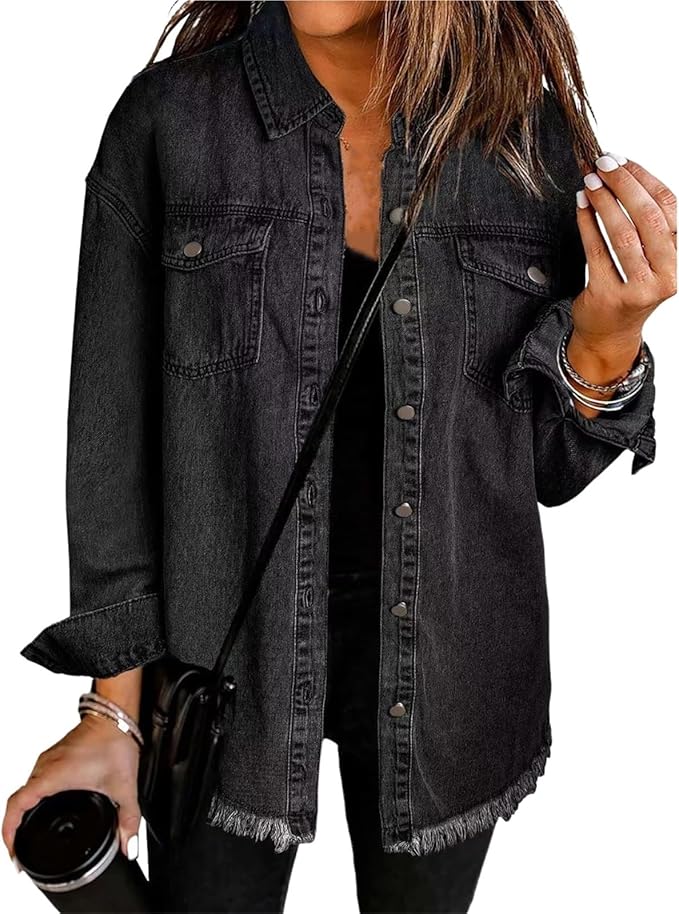MODEGEIST Damen Jeansjacke Classic Denim Knopfverschluss Brusttaschen