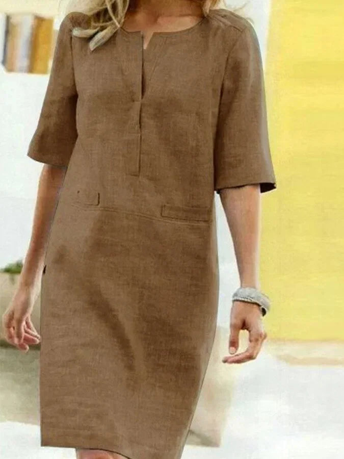 ModeGeist | Damen Kurzarm Baumwolle und Leinen Kleid